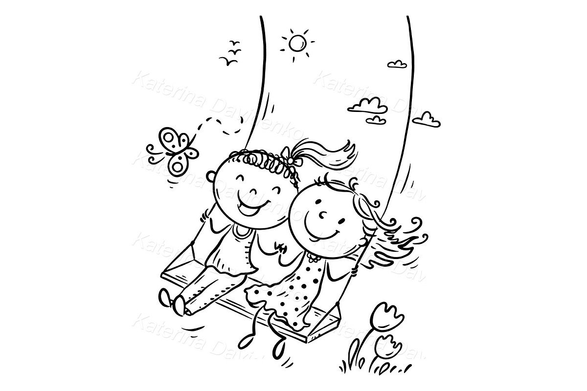 Girls on a swing. Cartoon kids, a Person Illustration by Bubert Art (Photo 3 of 3)