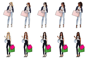 Shopping Girls 4 Fashion Clipart Set