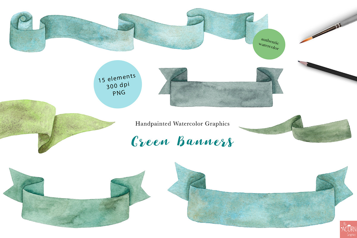 Green Watercolor Banners, an Illustration by LittleAcornGraphics (Photo 3 of 4)
