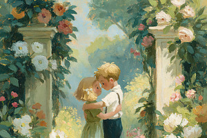 Young boy and girl embracing in a vibrant summer garden, celebra, a Decorative Illustration by Studio ANNA