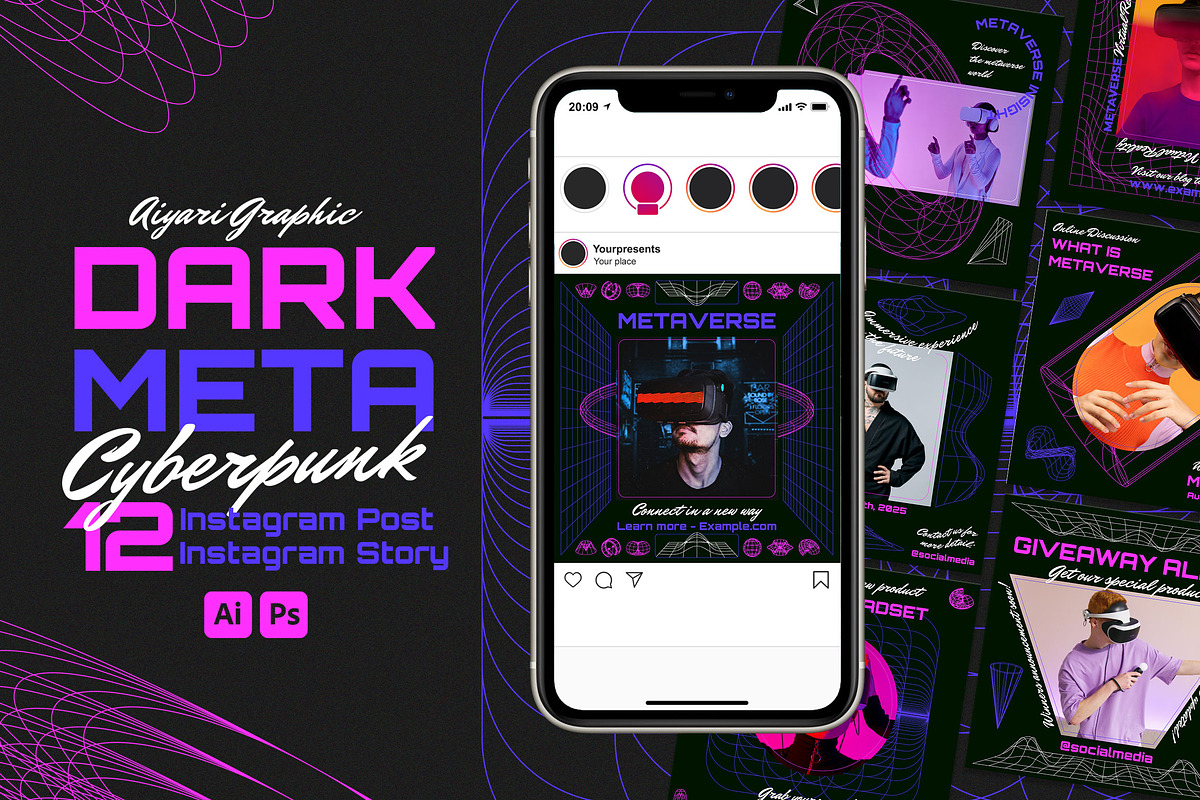 Dark Meta Cyberpunk Instagram Set, a Social Media Template by Aiyari Graphic (Photo 1 of 4)