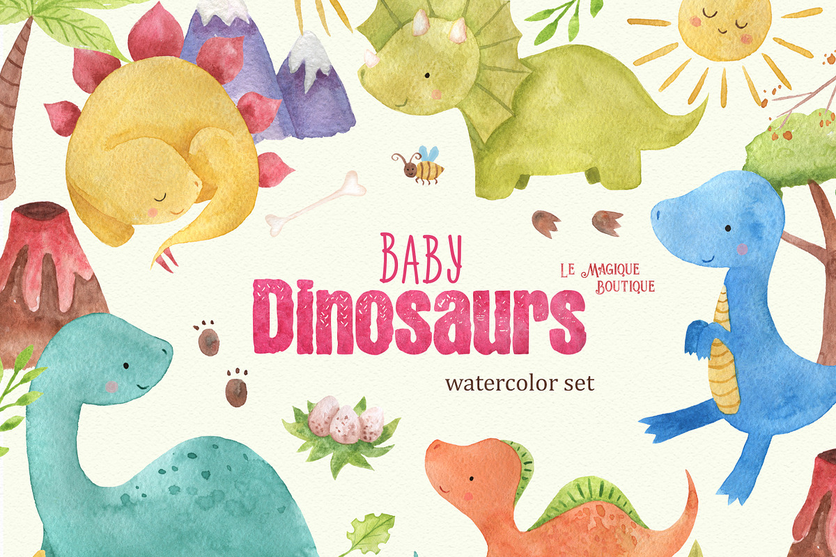 Baby Dinosaur Watercolor Clipart, a Decorative Illustration by LeMagiqueBoutique (Photo 1 of 4)