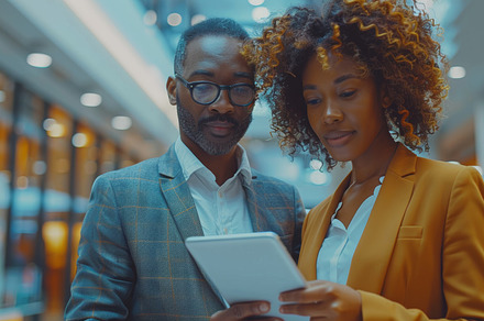 Two young African American businesspeople using a digital tablet in a modern of, a Photo by AS photostudio