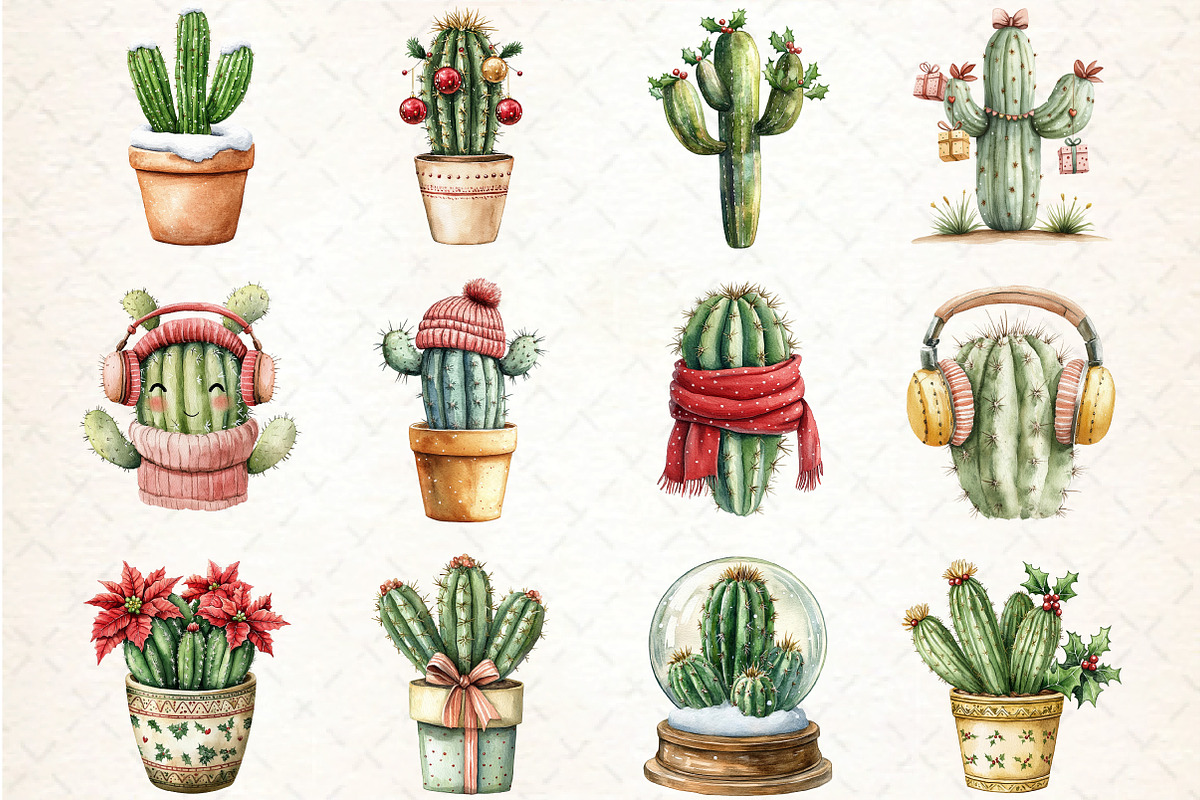 Watercolor Christmas Cactus Clipart, an Illustration by DreamCafeArt (Photo 2 of 4)
