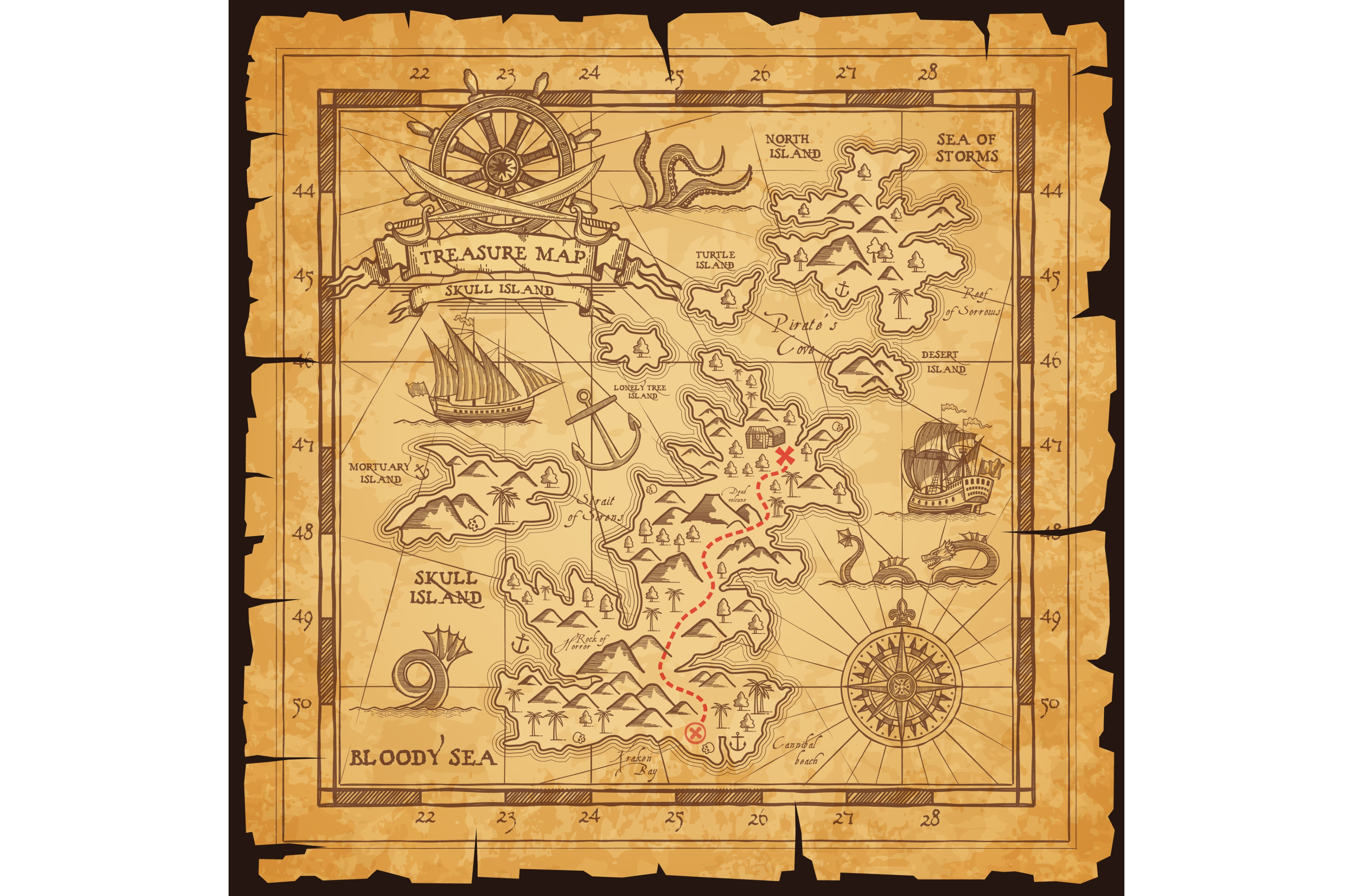 Old pirate vector treasure map, an Illustration by Vector Tradition