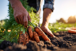 Harvesting organic carrots from rich soil in a vibrant farming field during gol, a Photo by AlyaAnd