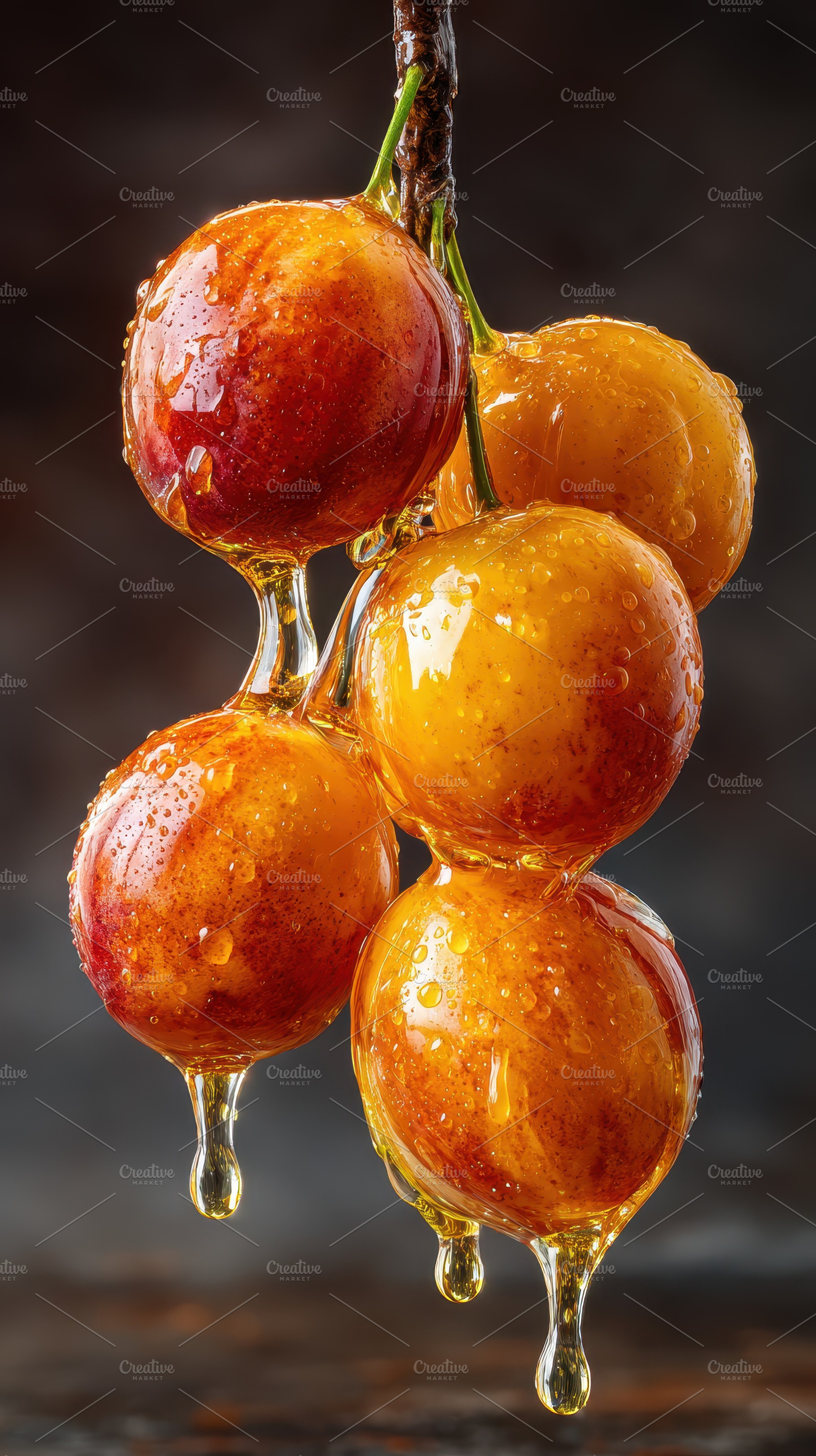 Honey glazed cherries dripping sweet, a Photo by Pixeness Studio