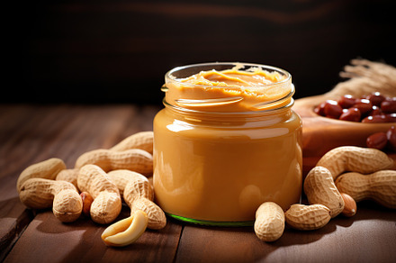 Glass jar with peanut butter on wooden background, a Food & Drink Photo by AlyaAnd