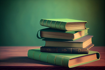 Many books on a wooden table