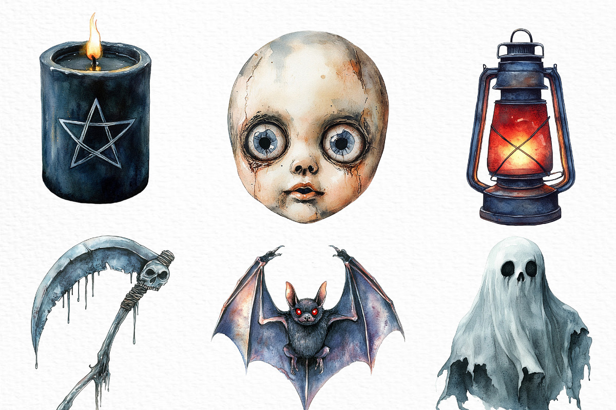 Watercolor Scary Halloween Clipart, an Illustration by Craft Nest (Photo 3 of 6)