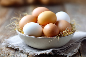 Fresh farm eggs placed in a rustic ceramic bowl on a wooden table with natural, a Photo by AlyaAnd