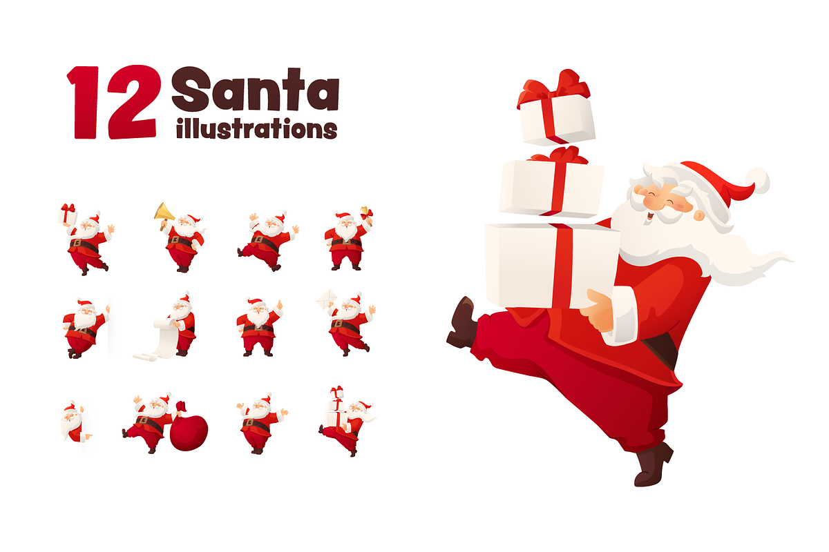 Cheerful Santa Claus vector set, a Seasonal Illustration by Olga Proz (Photo 1 of 7)