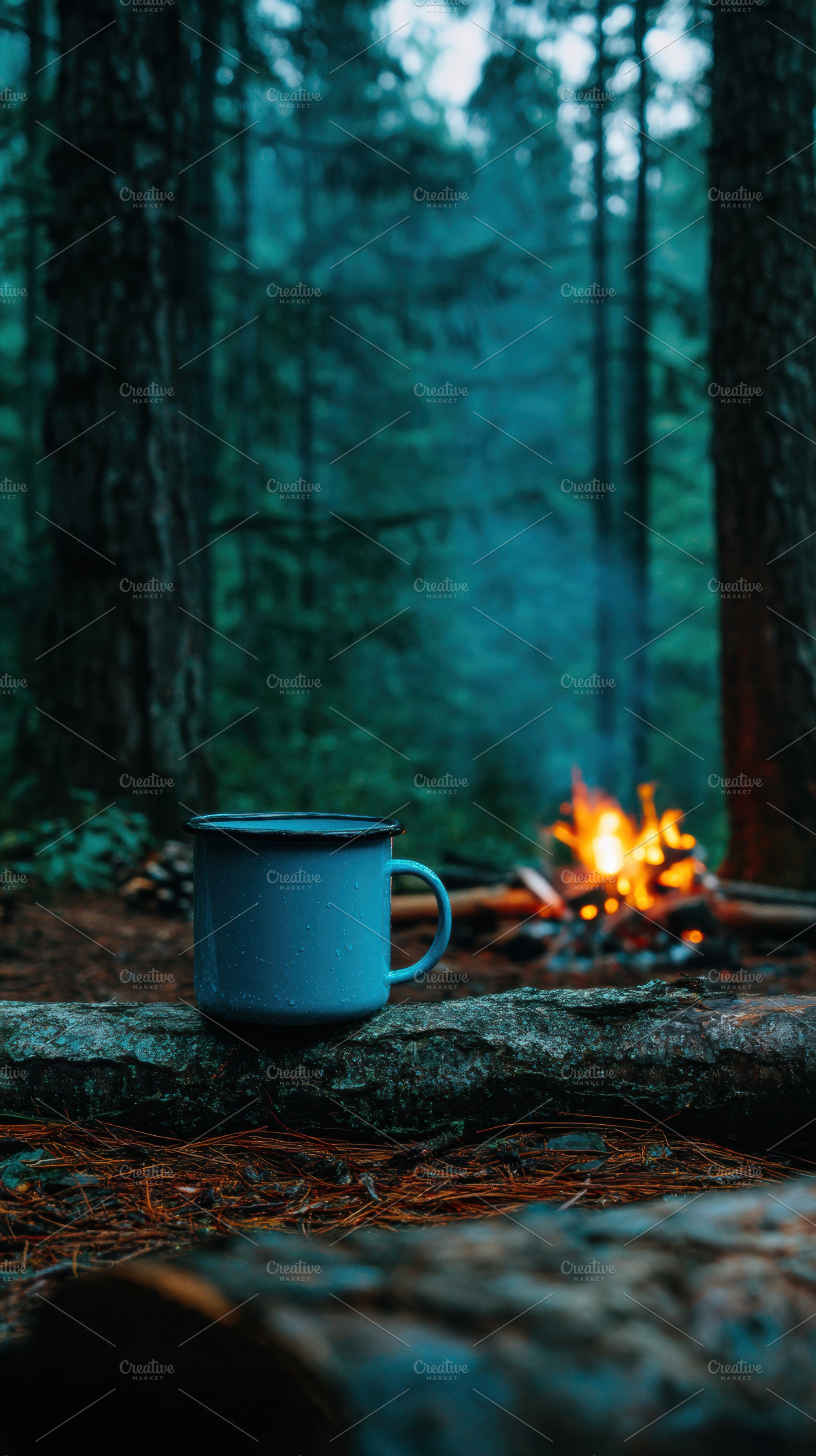 Summer campfire with enamel mug, a Nature Photo by Virgo Studio