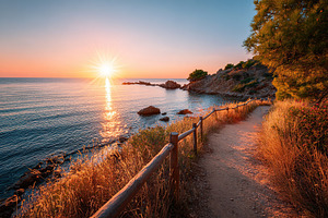 Strolling along a quiet coastal path at sunset with golden hues reflecting on t, a Photo by AlyaAnd
