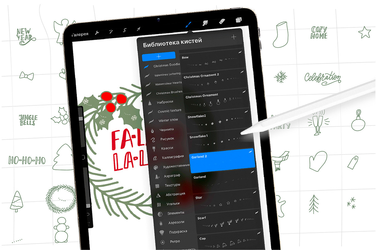 Christmas Procreate stamp brushes, a Brush Add-On by Let's Art