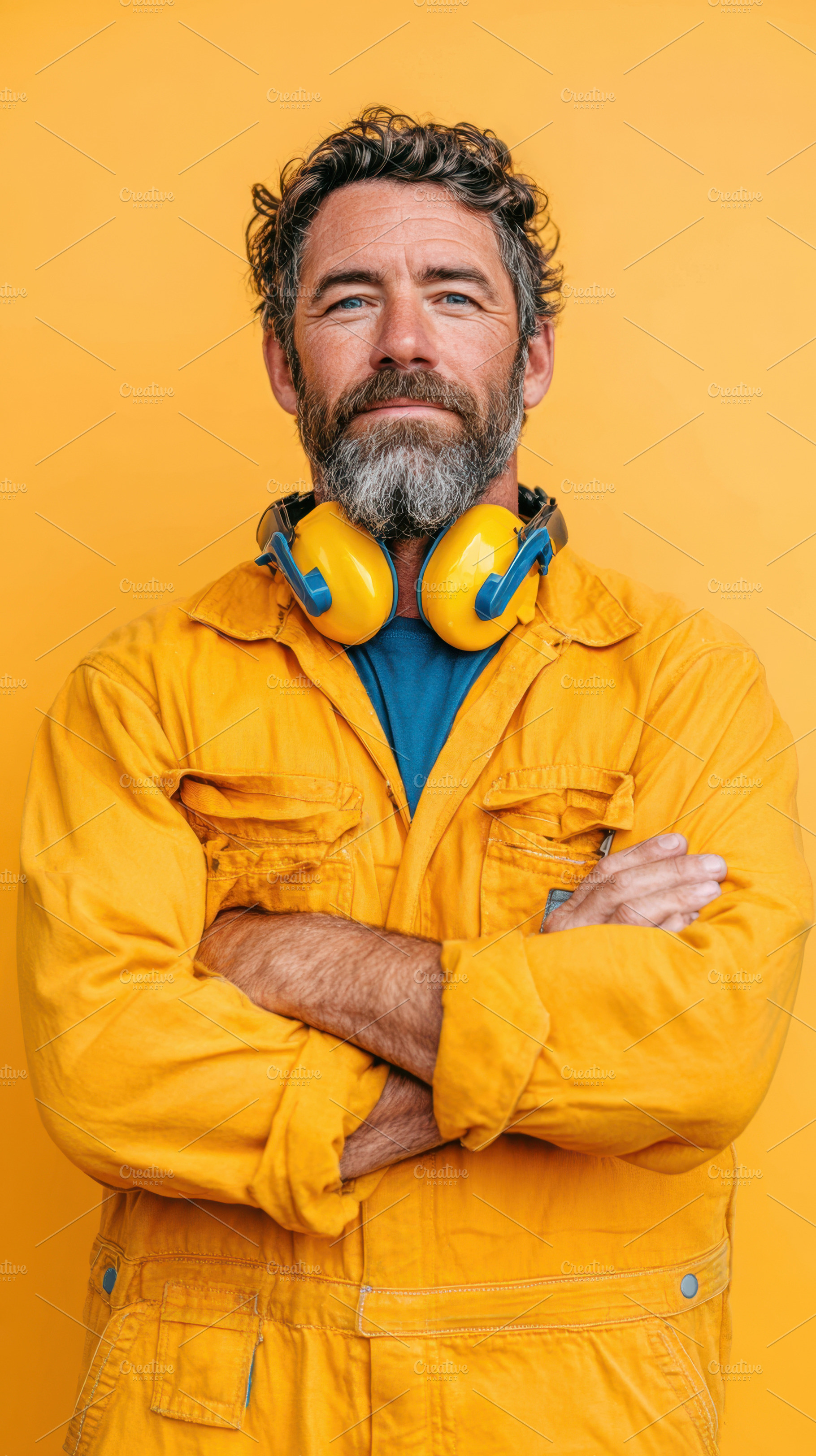 Confident man in yellow jacket with headphones, a Person Photo by AlyaAnd