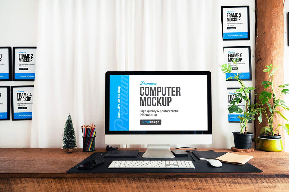 iMac Desk & Poster Frame Mockup, a Mockup by SimplDesign (Photo 6 of 11)