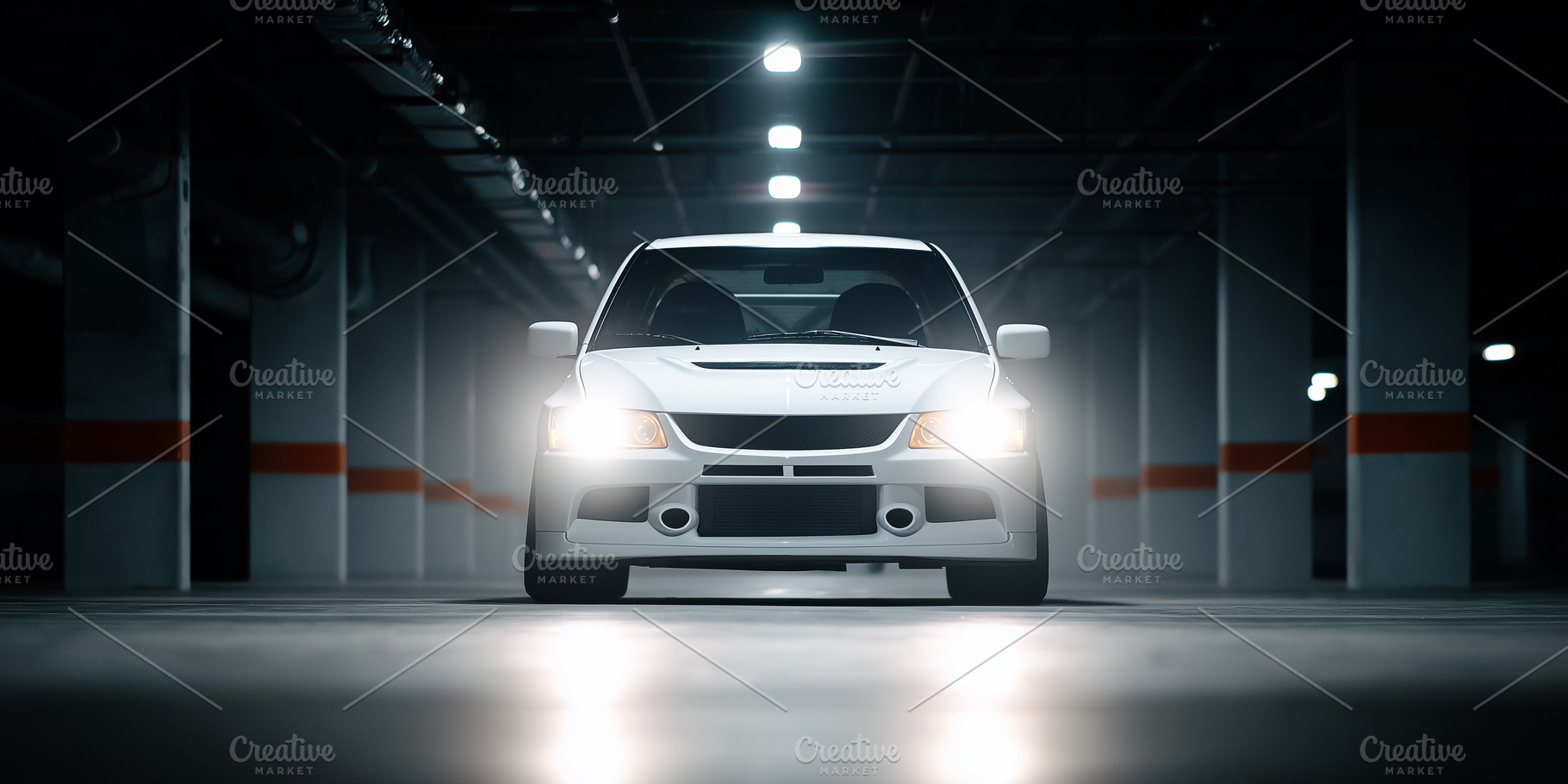 White sports car with headlights on, a Transportation Photo by MistyDay