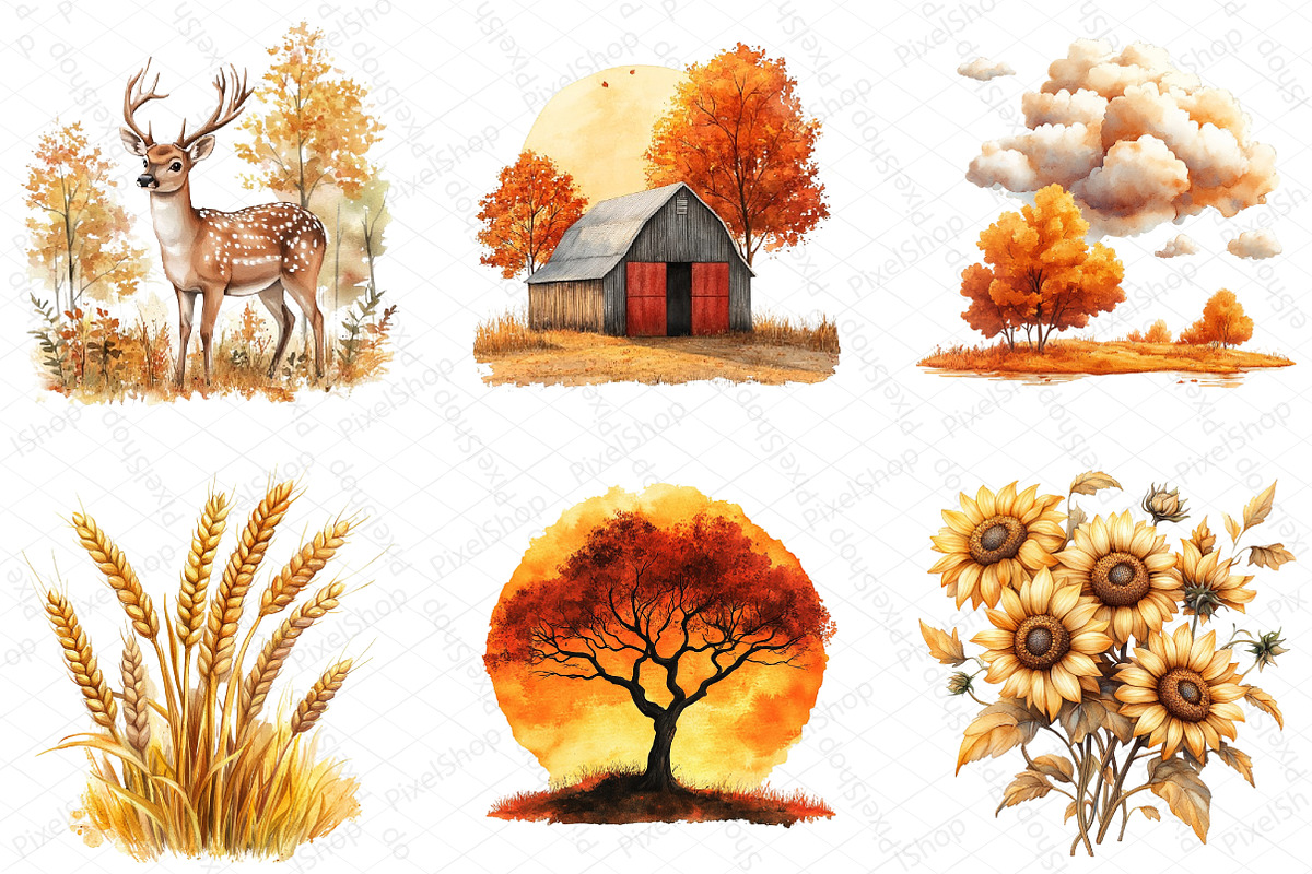 Watercolor Golden Hour Fall Clipart, an Illustration by DreamPrint404 (Photo 4 of 6)