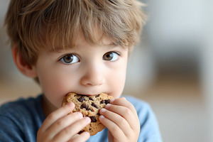 Cute child takes a bite of a cookie, a Food & Drink Photo by MistyDay