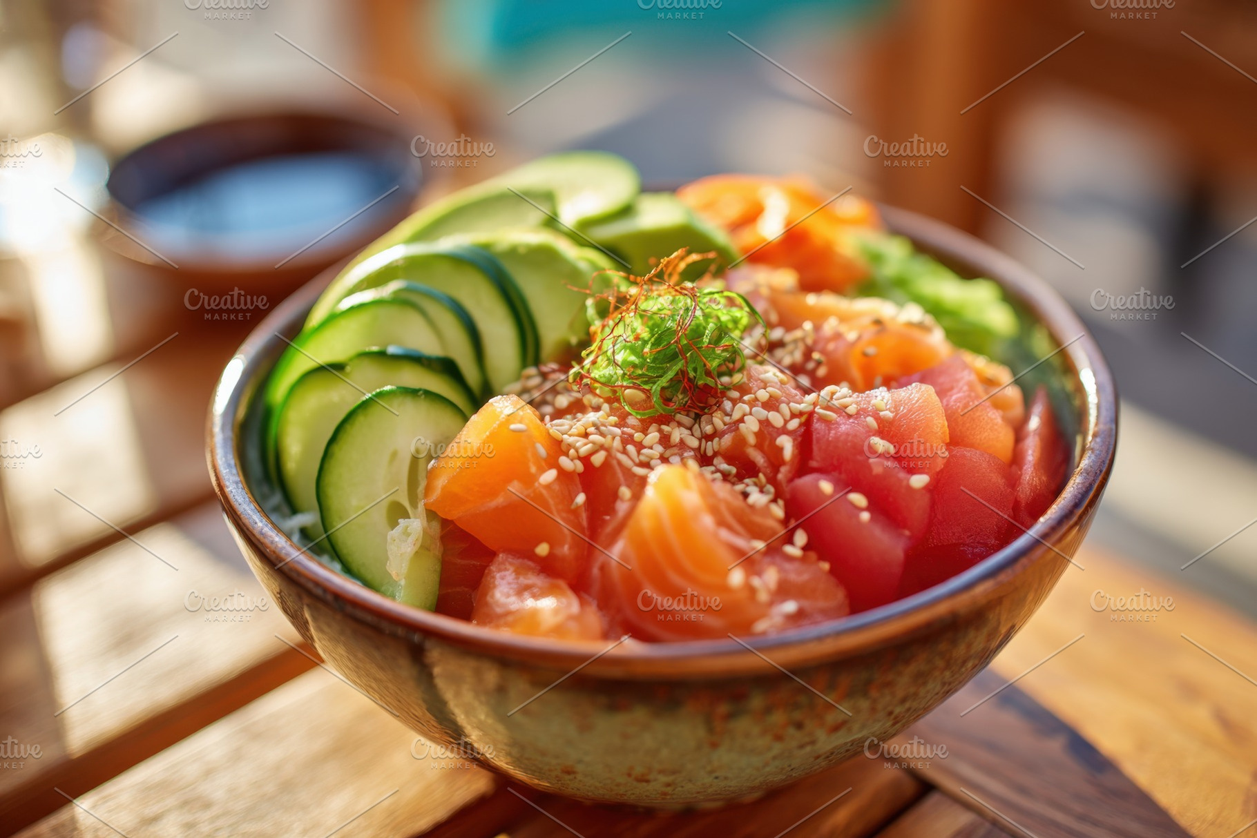 Salmon sashimi bowl with rice and vegetables, a Food & Drink Photo by AlyaAnd