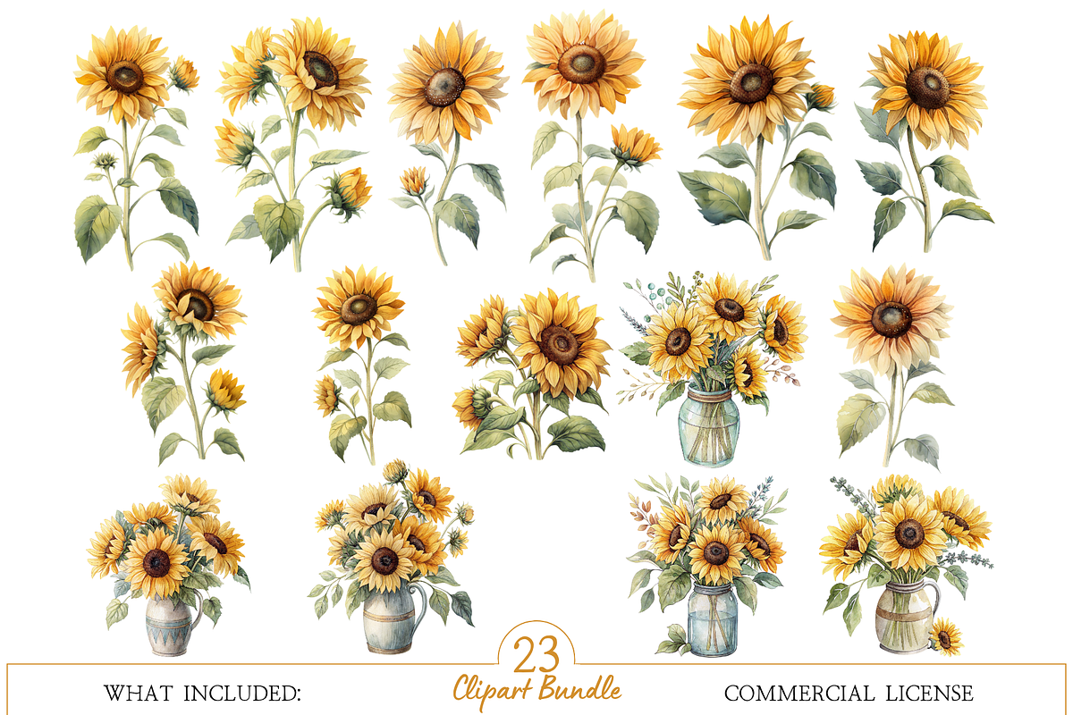 Watercolor Sunflower Clipart Bundle, an Illustration by MockupWizard (Photo 2 of 5)