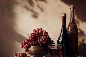 Still life composition featuring red grapes in bronze bowls, a glass of red win, a Food & Drink Photo by Studio ANNA