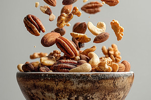 A rustic bowl filled with assorted nuts, creating a dynamic visu, a Food & Drink Photo by ImageMir
