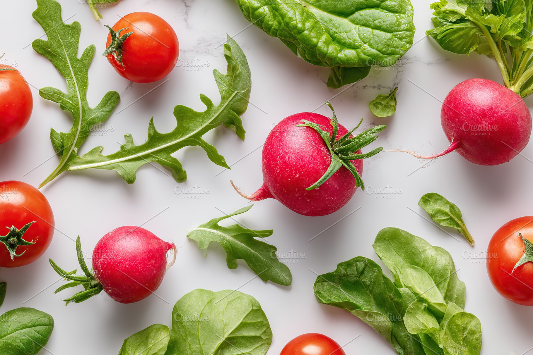 Fresh salad ingredients including lettuce, arugula, radishes, and tomatoes arra, a Food & Drink Photo by AlyaAnd
