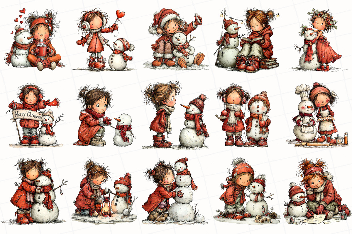 Christmas Girl & Snowman Clipart, an Illustration by OK Design (Photo 3 of 6)