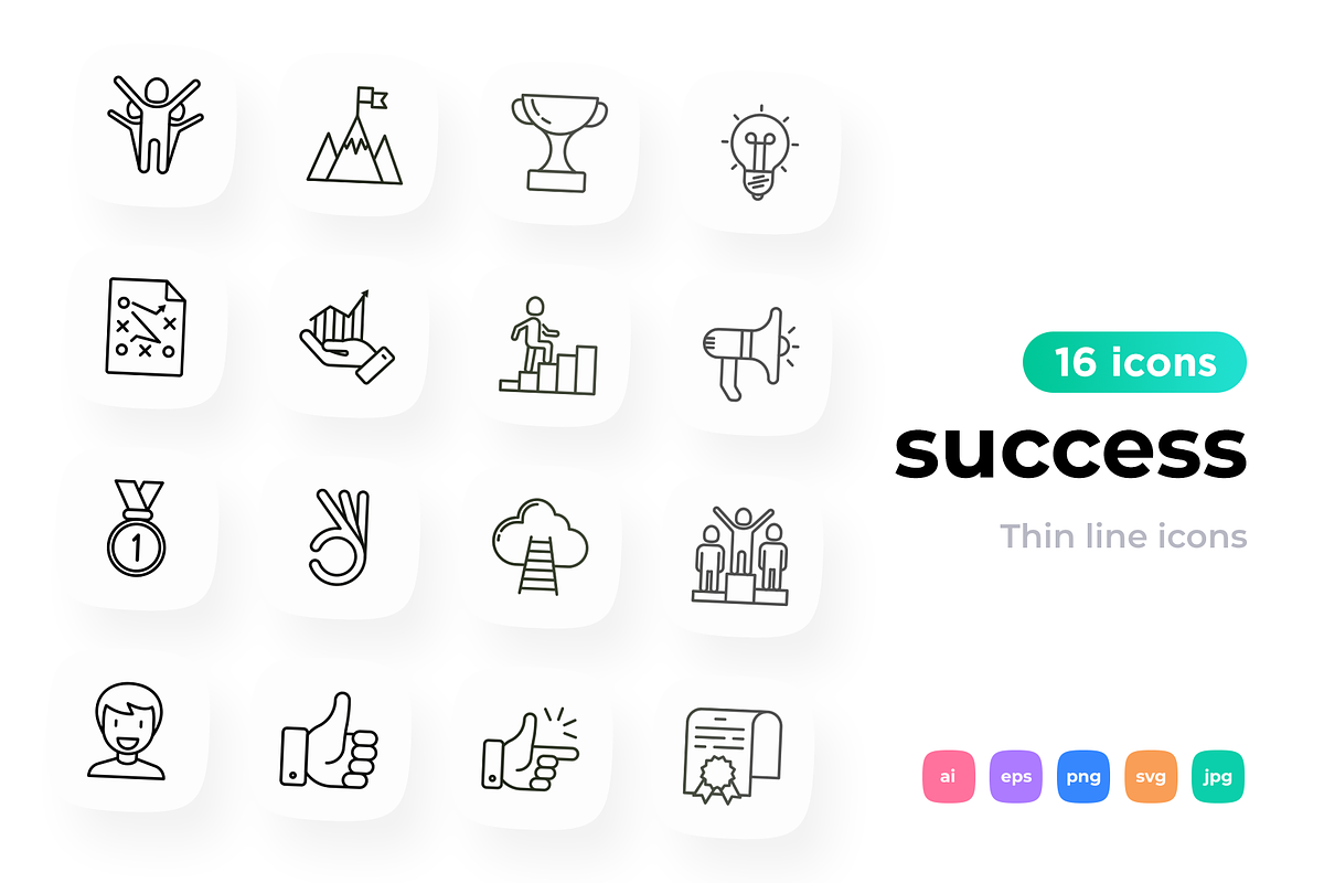 Success 16 Thin Line Icons Set, an Outline Icon by Alex Blogoodf (Photo 1 of 5)