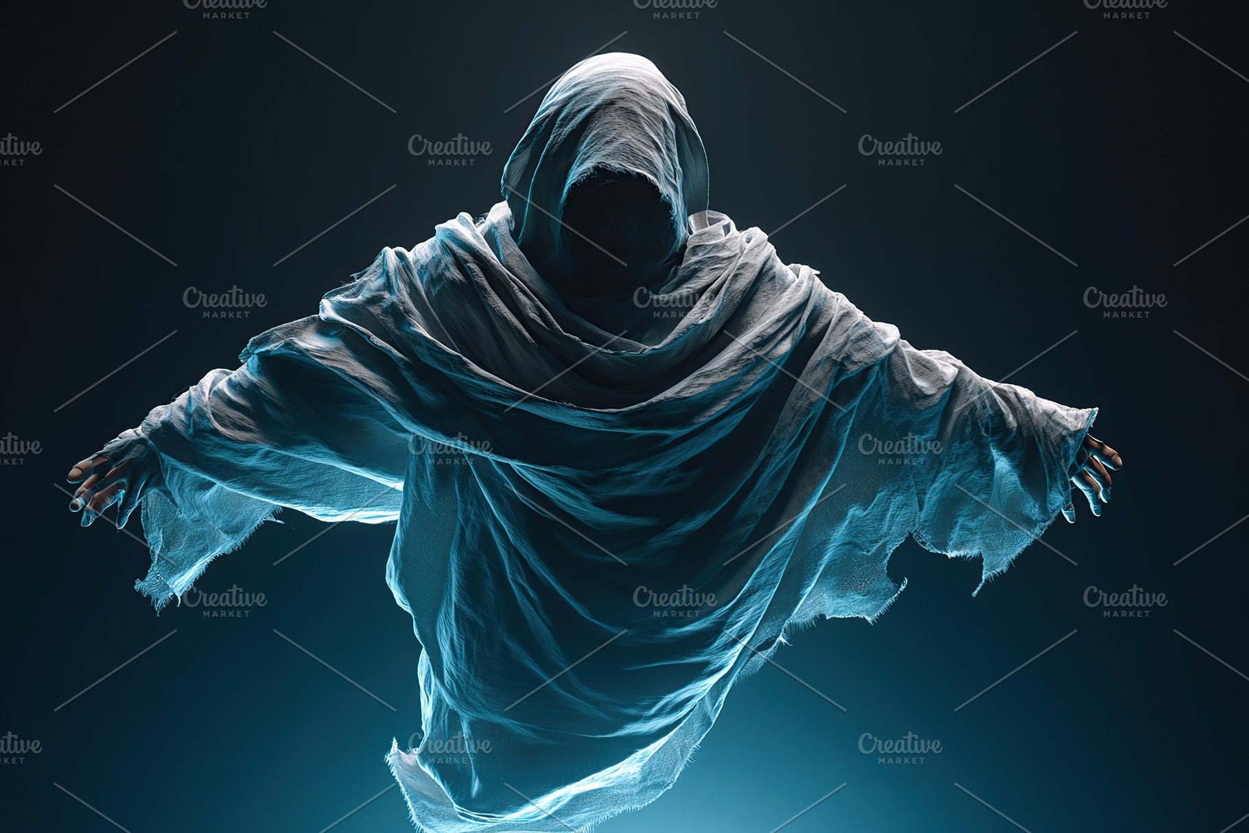 Mysterious figure in a cloak floating in an ethereal light against a dark backg, a Photo by AlyaAnd