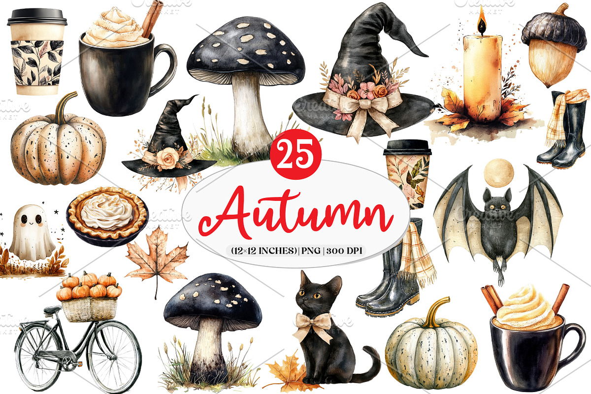 Beige & Black Autumn Clipart, an Illustration by Watercolor design (Photo 1 of 4)