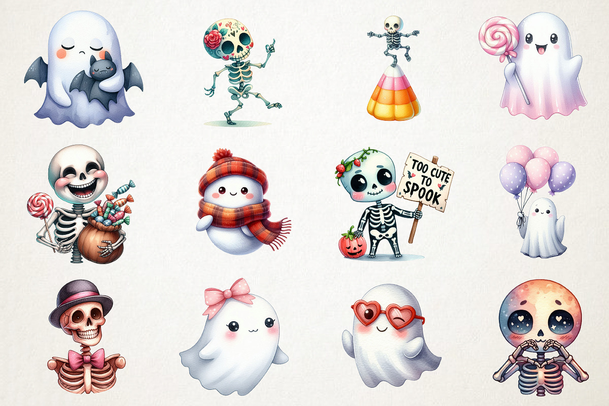 Cute Ghosts  Kawaii Skeletons PNG, an Illustration by RobertsArt (Photo 4 of 7)