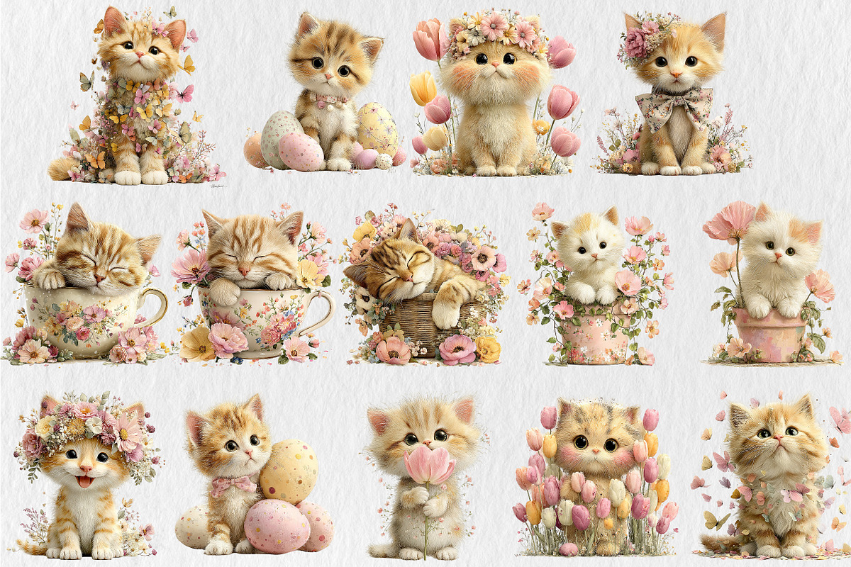 Watercolor Spring Cats Clipart, a Seasonal Illustration by Rose Art (Photo 4 of 6)