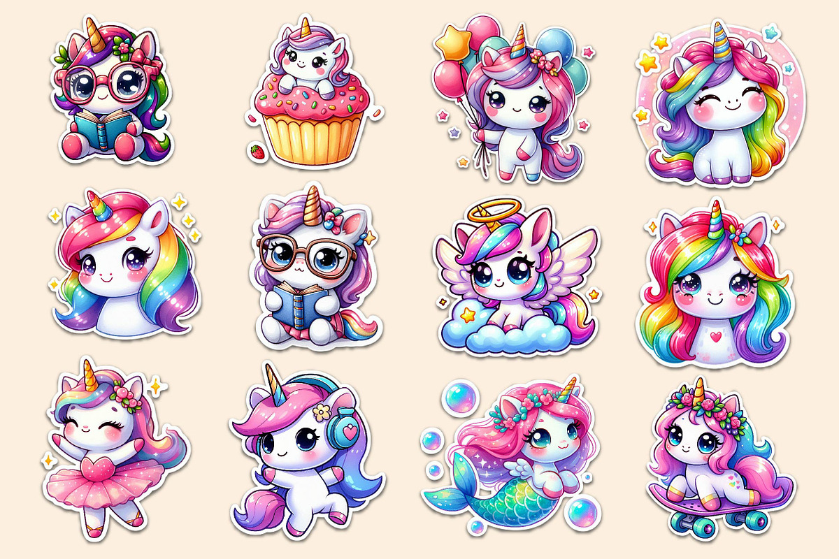 Kawaii Unicorn Stickers Clipart, an Illustration by Dream Creation (Photo 3 of 4)