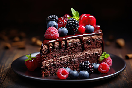 Piece of chocolate cake with fresh berries on brown wooden table, a Food & Drink Photo by AlyaAnd