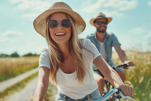 Blonde woman riding a bike, a Person Photo by MistyDay