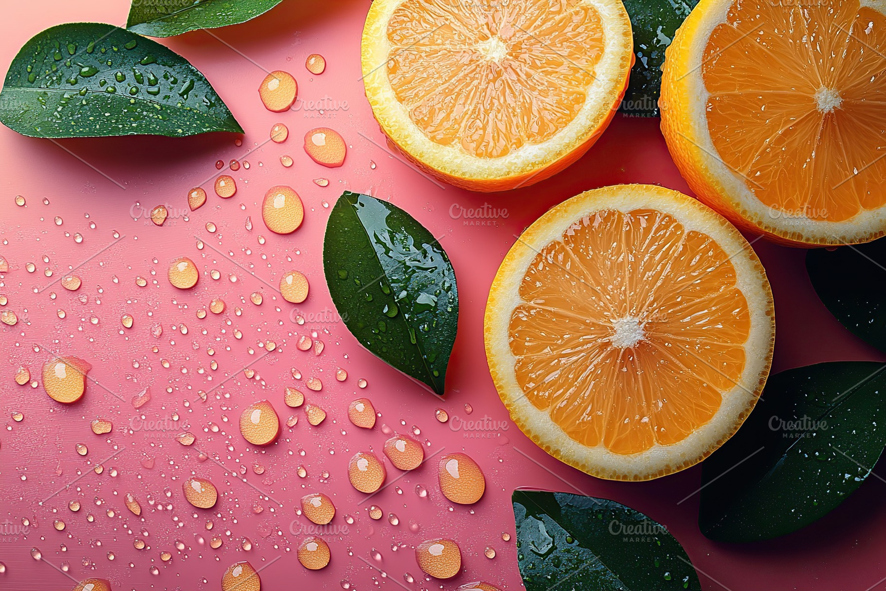 Freshly sliced oranges and green leaves on a pink background with droplets, a Food & Drink Photo by AlyaAnd