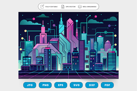 A futuristic city skyline with tower