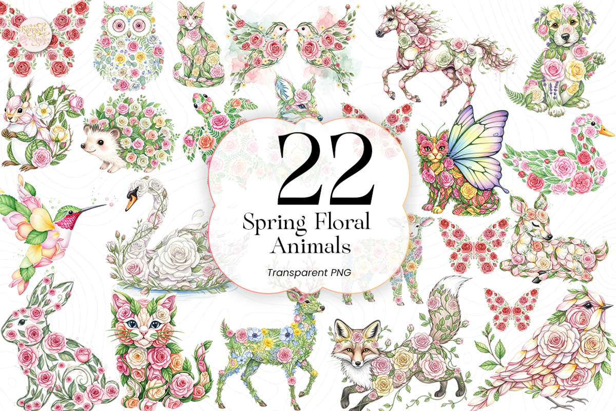Spring Floral Animals PNG Clipart., an Animal Illustration by KennedyStudio (Photo 1 of 5)