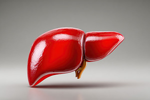 Human liver model displayed on a smooth gray surface in an educational setting, a Photo by AlyaAnd
