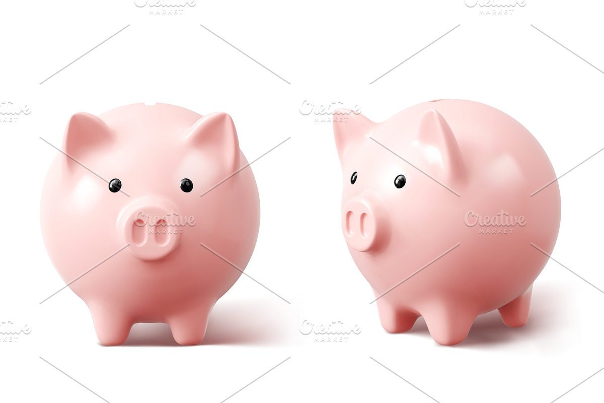 Pink 3d piggy banks from front and, an Object Illustration by art PVP - market