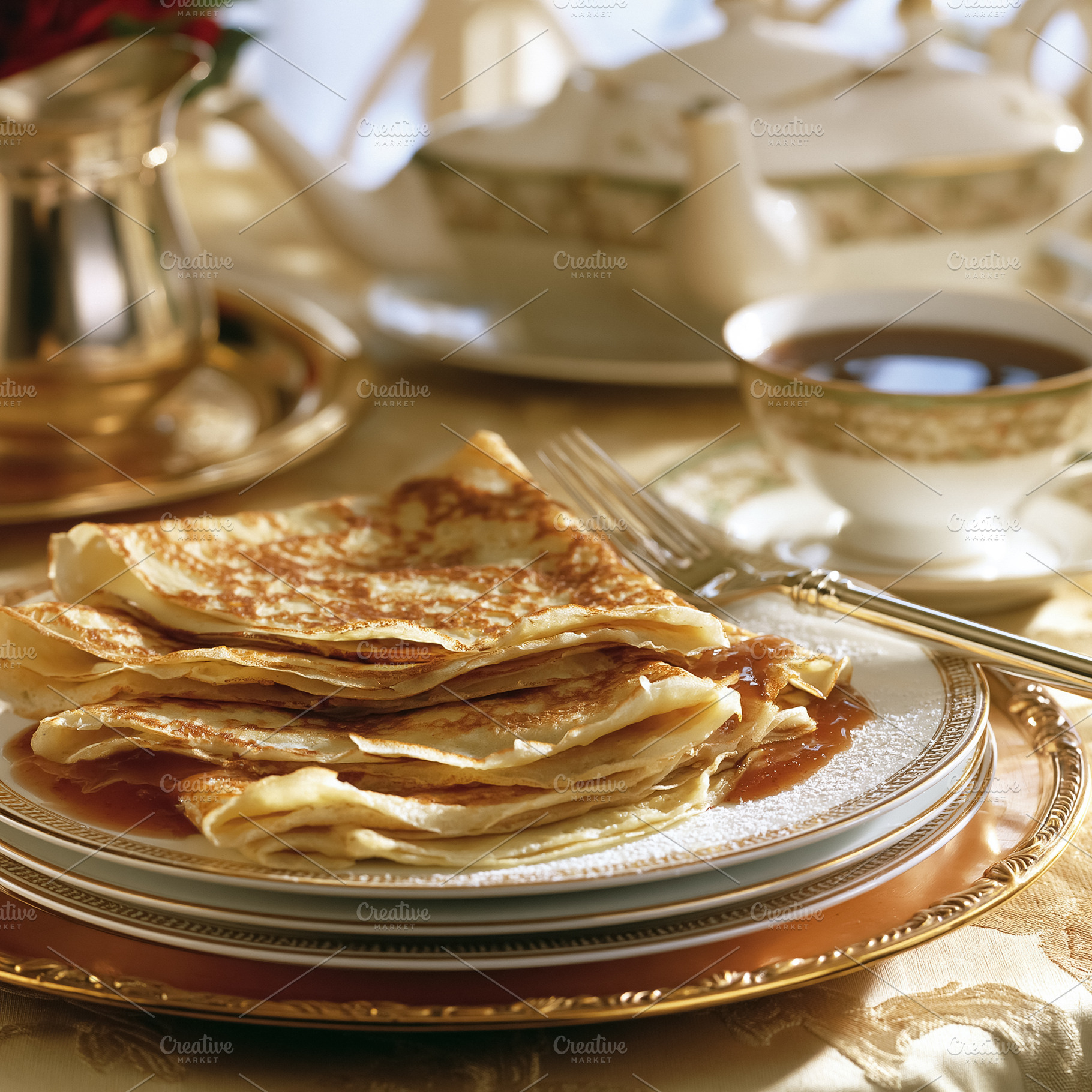 Stack of golden crepes drizzled with syrup, dusted with powdered sugar, served, a Photo by Studio ANNA