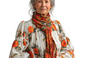 An elegant older woman of Asian descent wearing a floral dress and scarf, exudi, a Person Photo by ImageMir