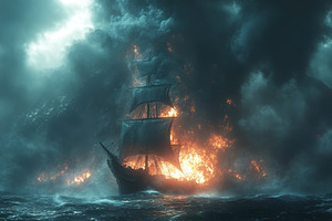 Majestic ship battles fierce flames, a Photo by Tanuart