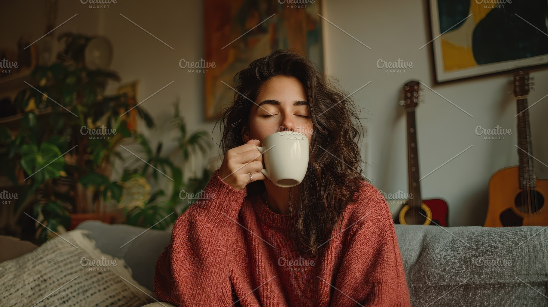 Woman relaxing on couch drinking cof, a Photo by Pixeness Studio