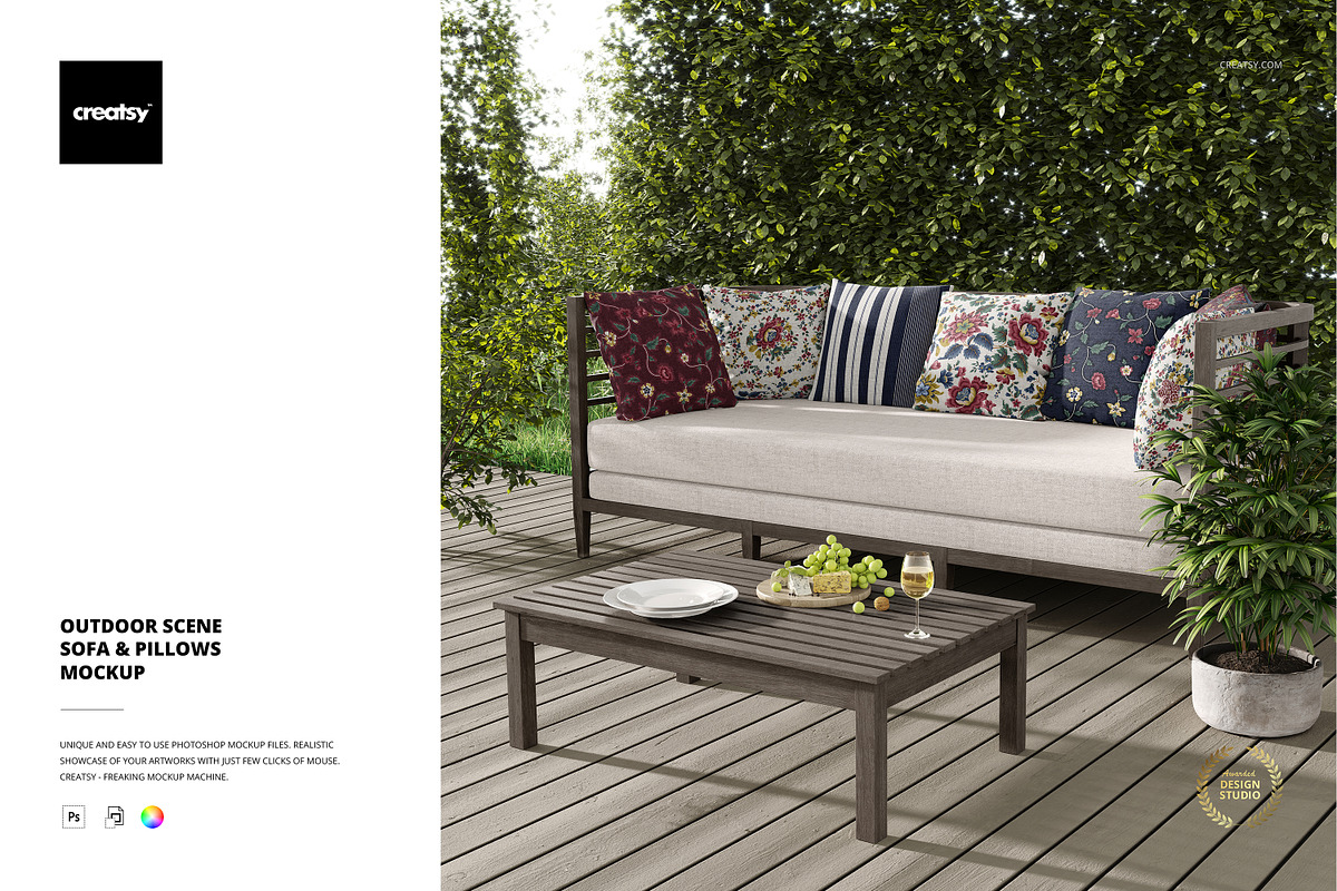Outdoor Scene Sofa & Pillows Mockup, a Product Mockup by creatsy2 (Photo 1 of 7)