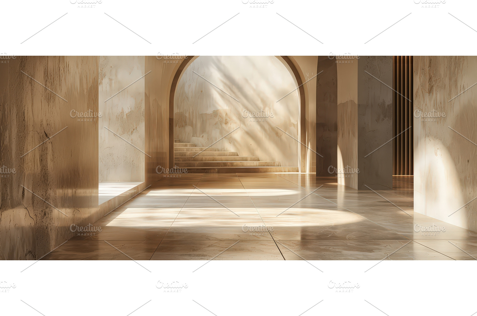 Sunlit terracotta hallway with, an Architecture Photo by piter.goskov