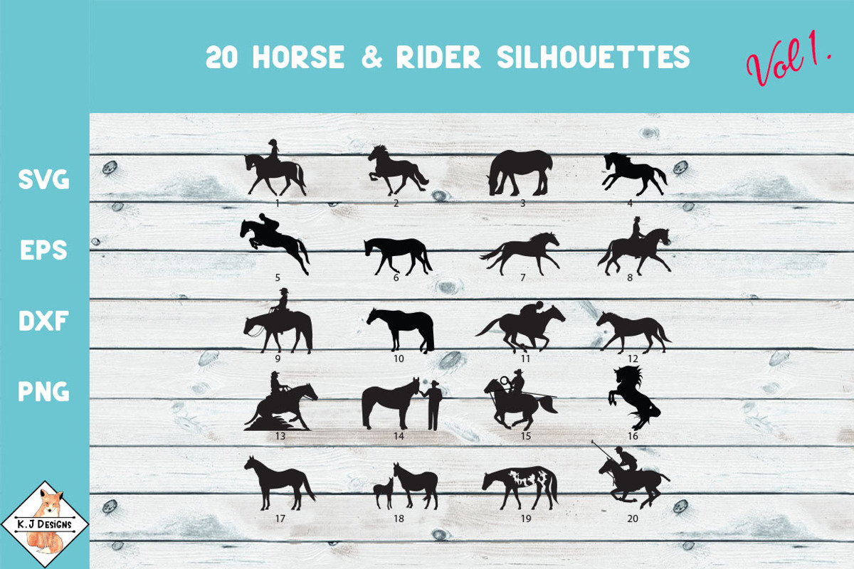 20 Horses and Rider Silhouettes, an Illustration by Karen J